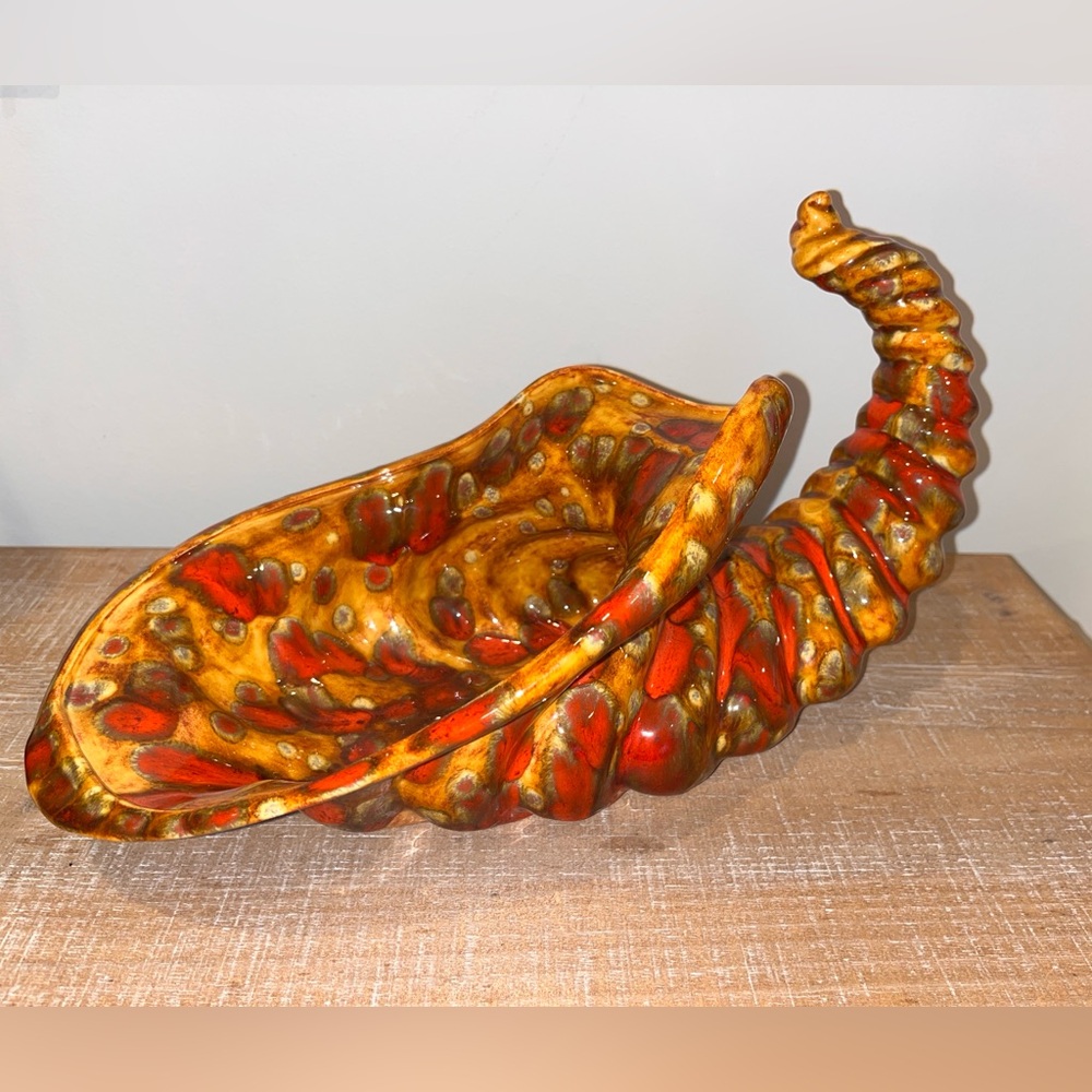 Horn Of Plenty Folk Art Ceramic Large 1970 Thanksgiving Centerpiece CORNUCOPIA